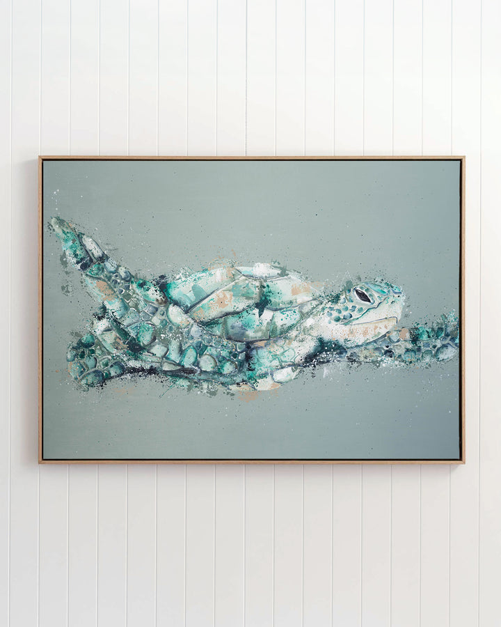 Message in a Bottle green sea turtle fine art print by Stephanie Elizabeth, framed canvas in an oak frame