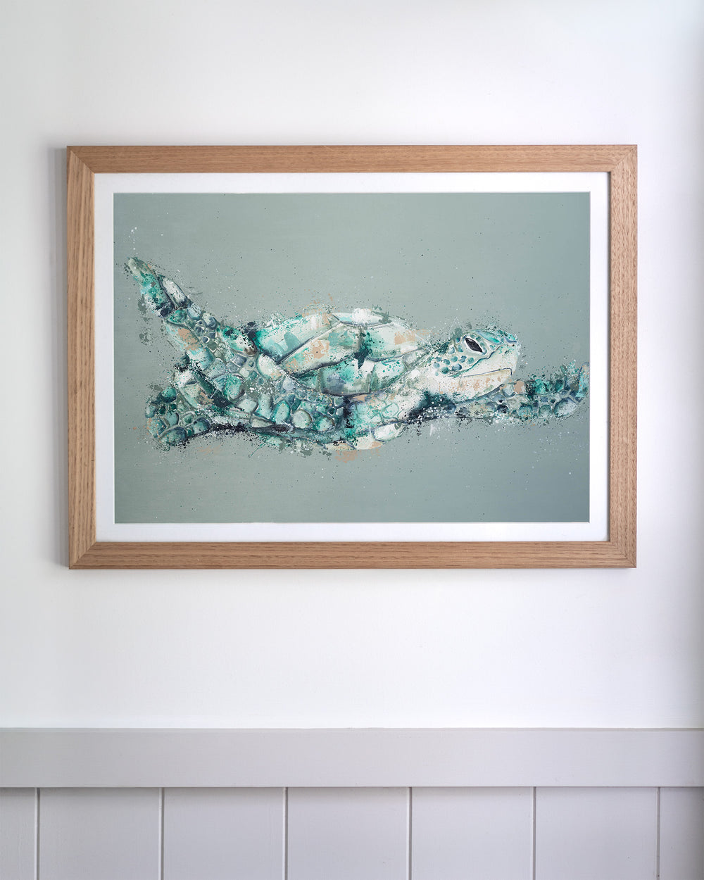 Message in a Bottle green sea turtle fine art print by Stephanie Elizabeth, framed paper print in an oak frame