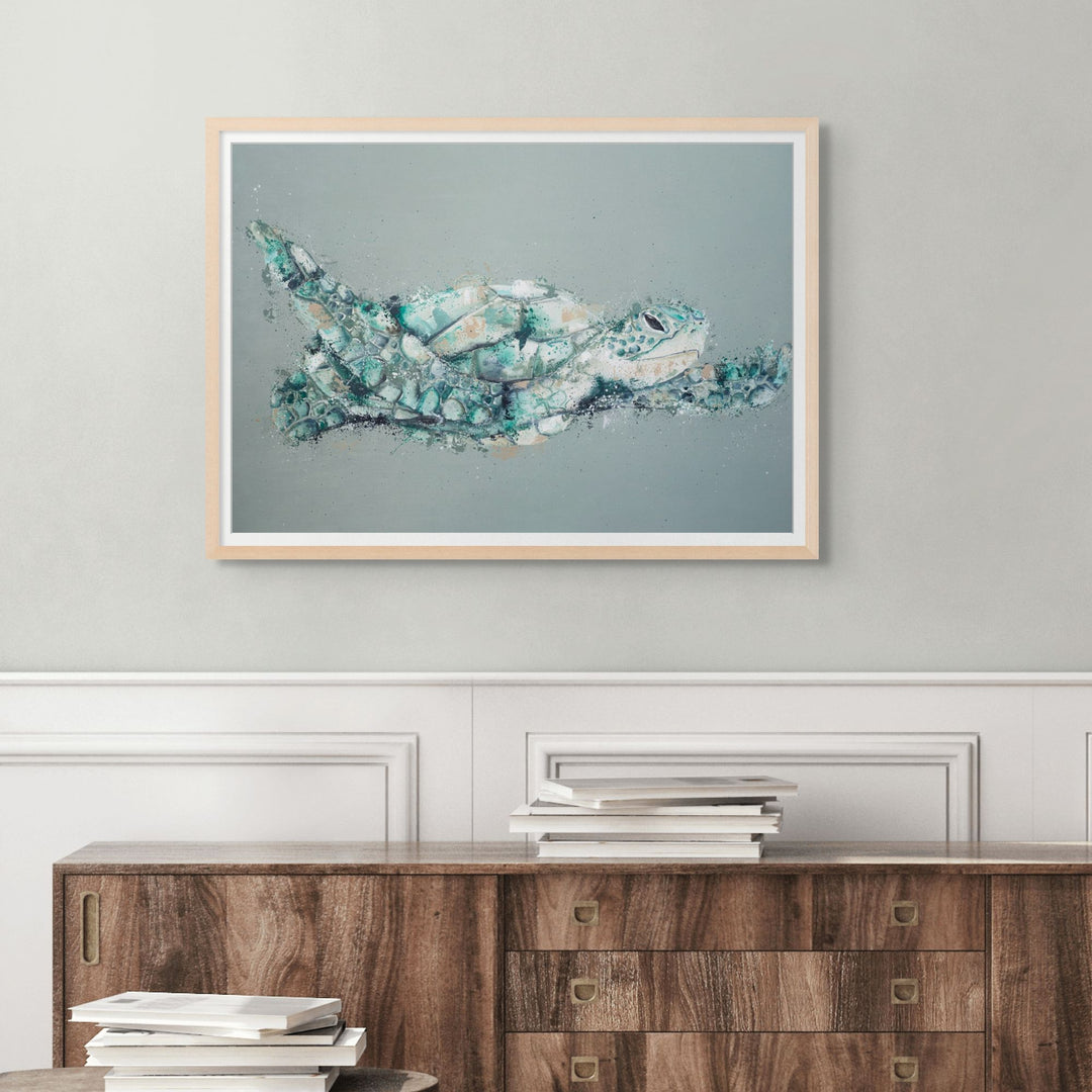 Message in a Bottle by Stephanie Elizabeth – framed paper print of flying green turtle on green/teal background, fine art marine life print