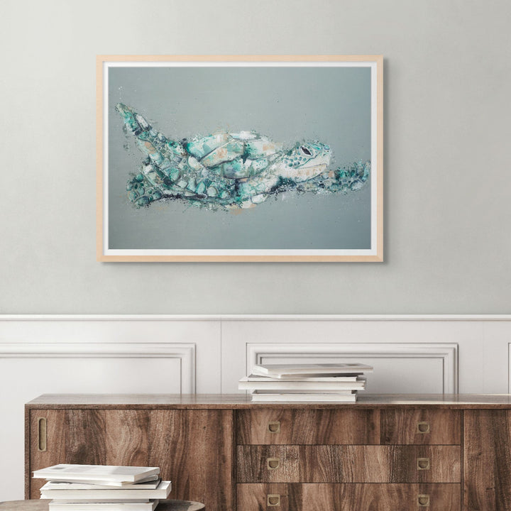 Message in a Bottle by Stephanie Elizabeth – framed paper print of flying green turtle on green/teal background, fine art marine life print