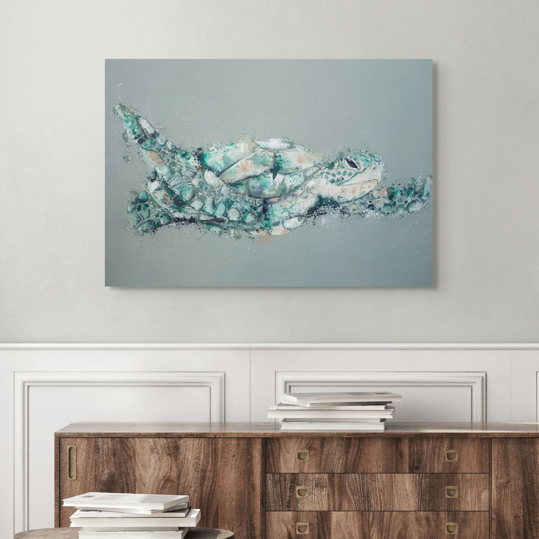 Message in a Bottle by Stephanie Elizabeth – stretched canvas print of green turtle in flight on teal-green background, marine life fine art print