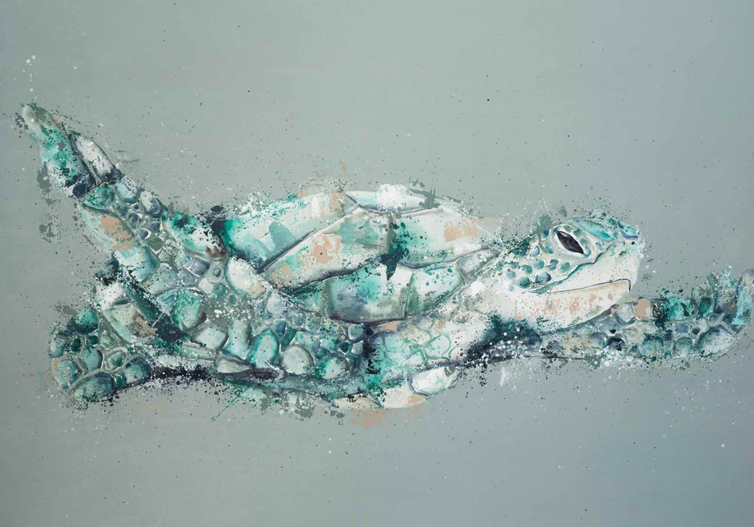 Message in a Bottle by Stephanie Elizabeth – stretched canvas print of green turtle in flight on teal-green background, marine life fine art print