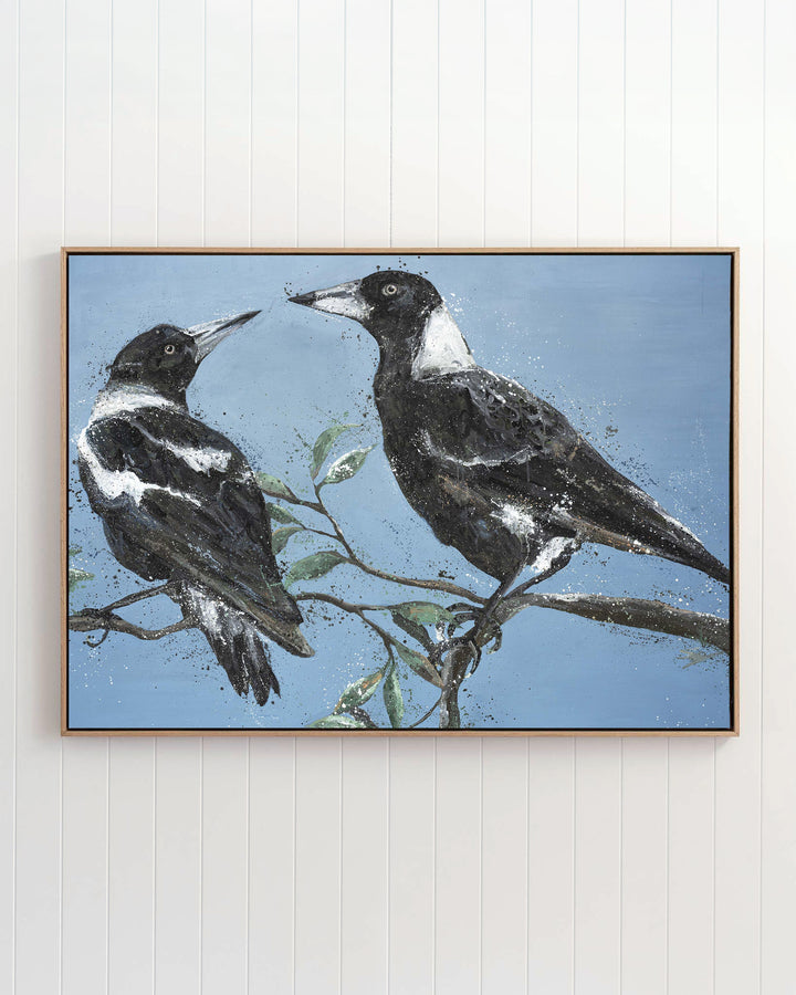 Monochrome Muses – magpies, framed canvas in oak float frame