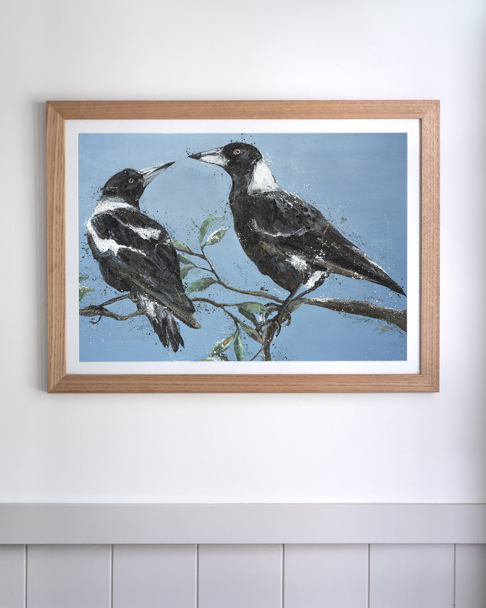 Monochrome Muses – magpies, framed paper print in oak frame
