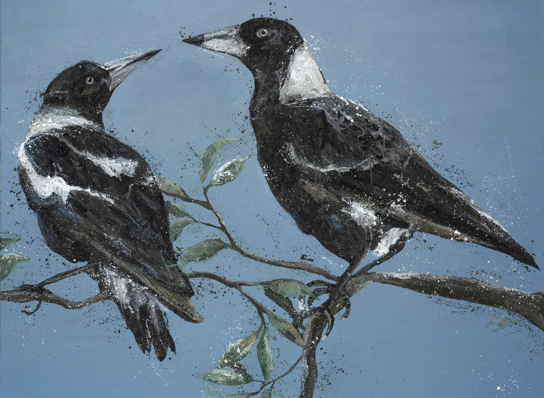 Monochrome Muses – Original acrylic artwork featuring magpies in a monochrome palette with layered textures and soft neutral tones.