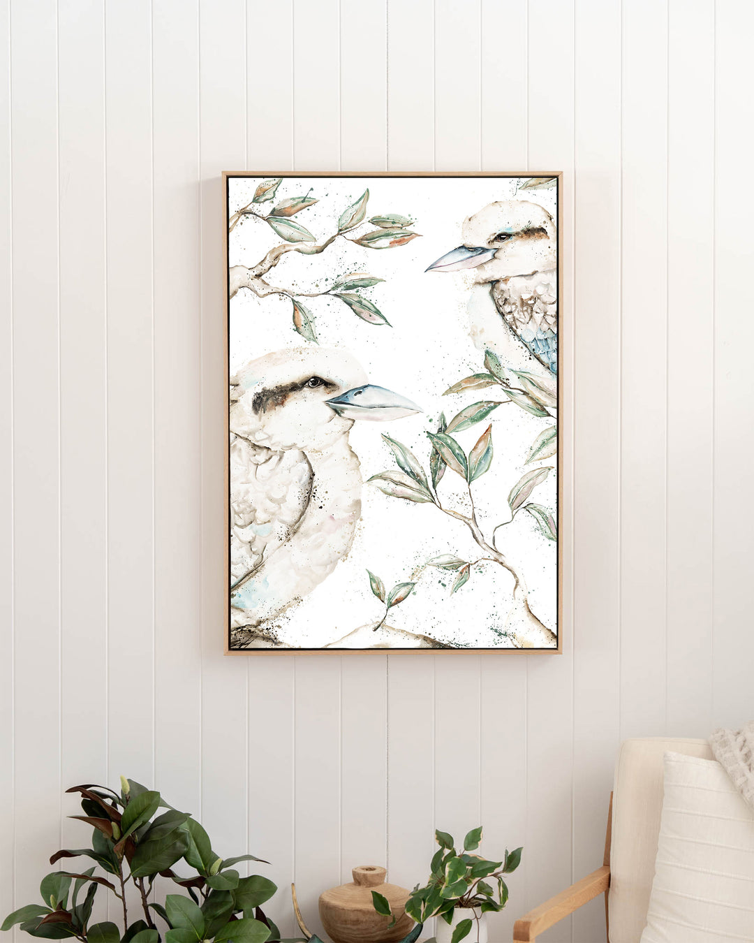 Morning Chatter – kookaburras, framed canvas in oak float frame, styled in a hallway