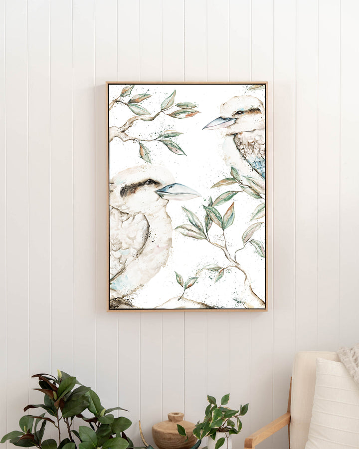 Morning Chatter – kookaburras, framed canvas in oak float frame, styled in a hallway
