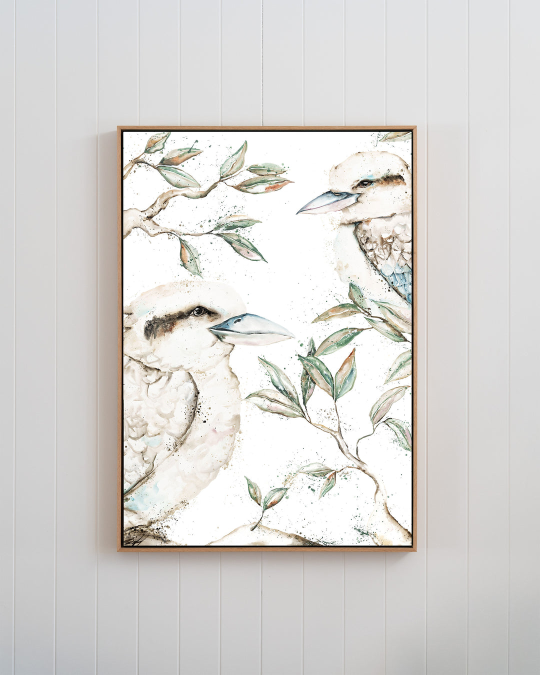 Morning Chatter – kookaburras, framed canvas in oak float frame