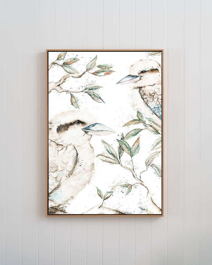 Morning Chatter – kookaburras, framed canvas in oak float frame