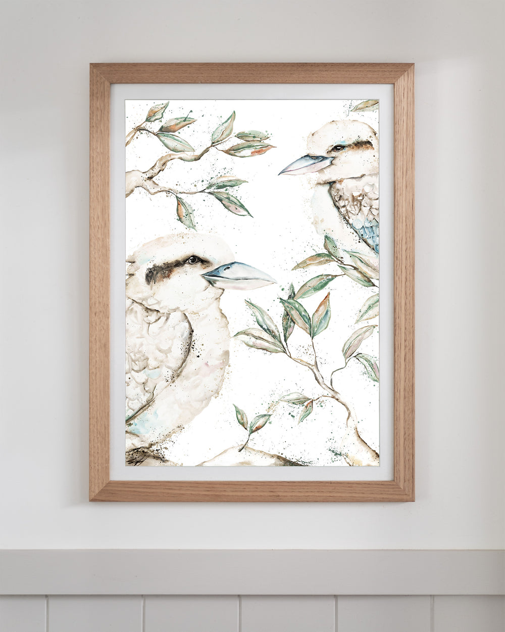 Morning Chatter – kookaburras, framed paper print in oak frame