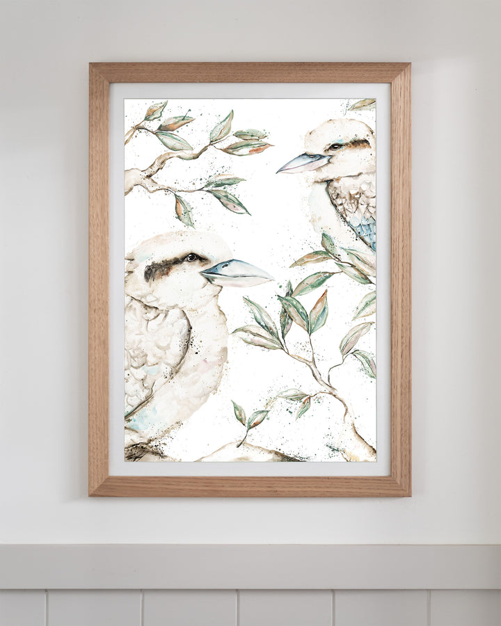 Morning Chatter – kookaburras, framed paper print in oak frame