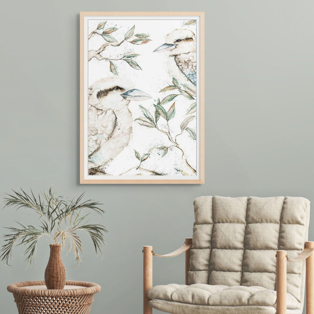 Morning Chatter by Stephanie Elizabeth – framed paper print of kookaburras perched together, fine art Australian bird print