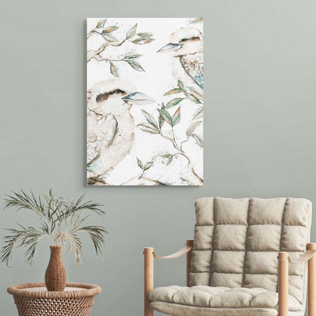Morning Chatter by Stephanie Elizabeth – stretched canvas print of kookaburras in conversation, Australian bird artwork