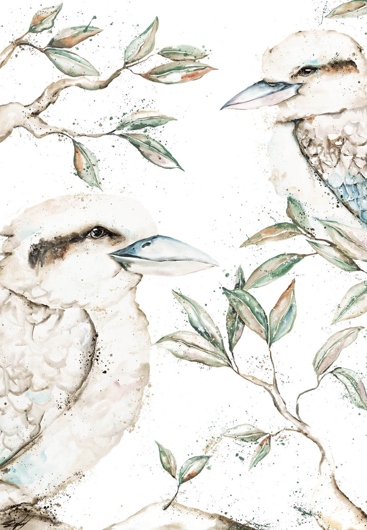 Morning Chatter by Stephanie Elizabeth – unframed rolled paper print of kookaburras perched on branches, fine art bird print