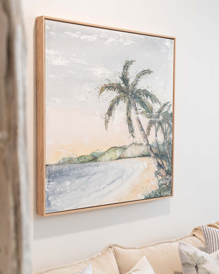 Morning Ritual“ artwork framed and displayed above a beige sofa.