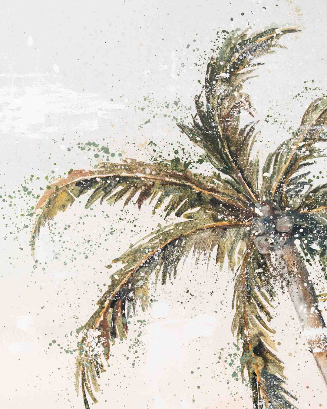 Morning Ritual by Stephanie Elizabeth, a watercolor of a palm tree with sand tones and vibrant green leaves.