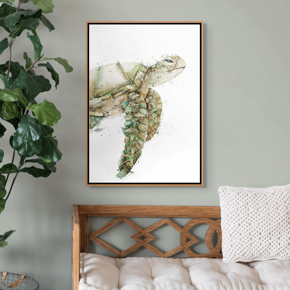 Moss by Stephanie Elizabeth – shadow box canvas print featuring a green turtle, ocean-inspired fine art artwork