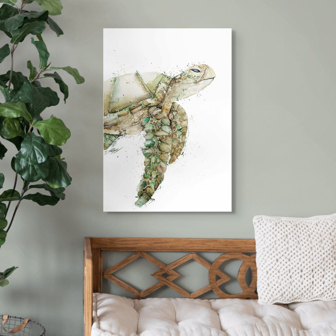 Moss by Stephanie Elizabeth – stretched canvas print of green sea turtle, marine life fine art print