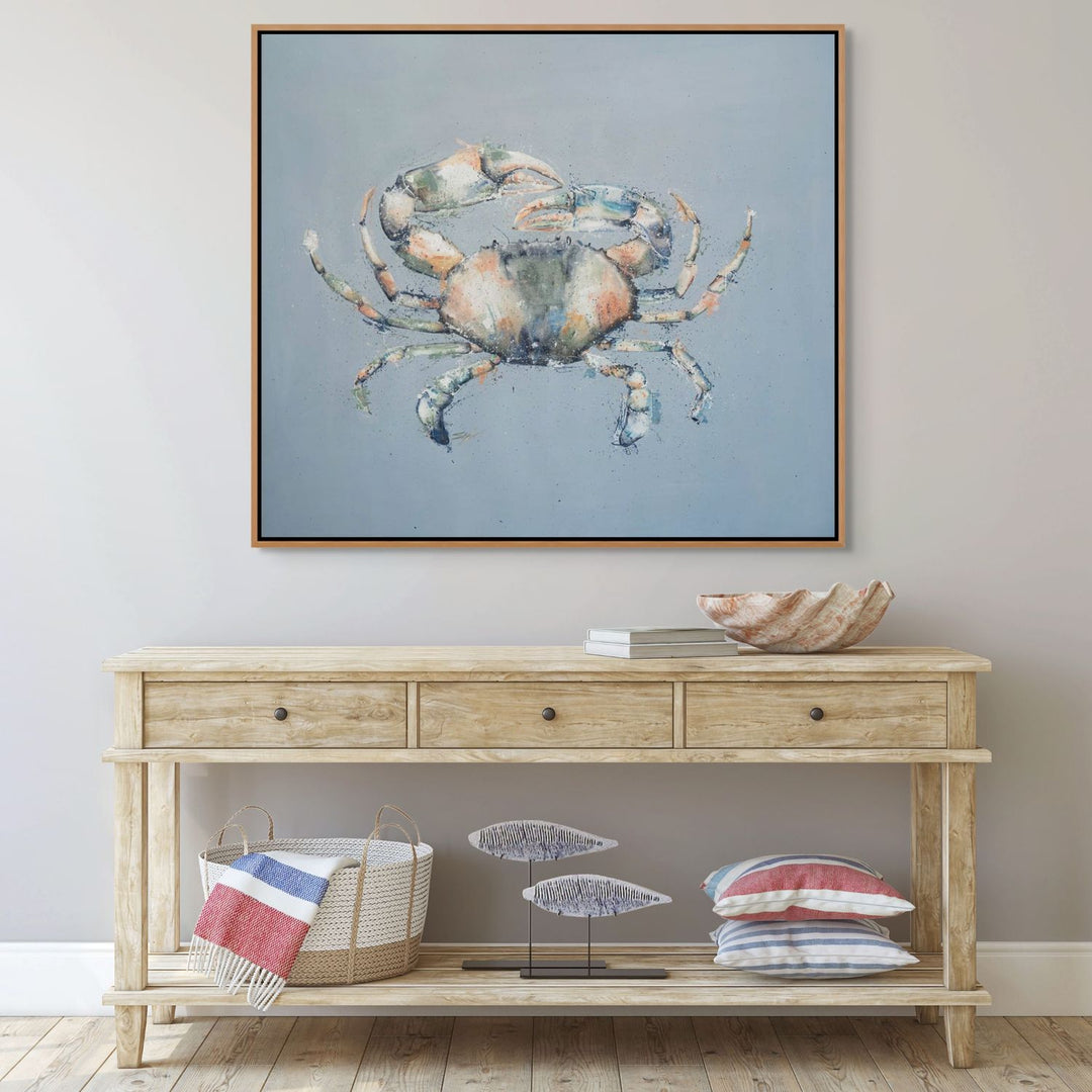 Muddy Days crab painting by Stephanie Elizabeth – framed acrylic canvas artwork with blue background