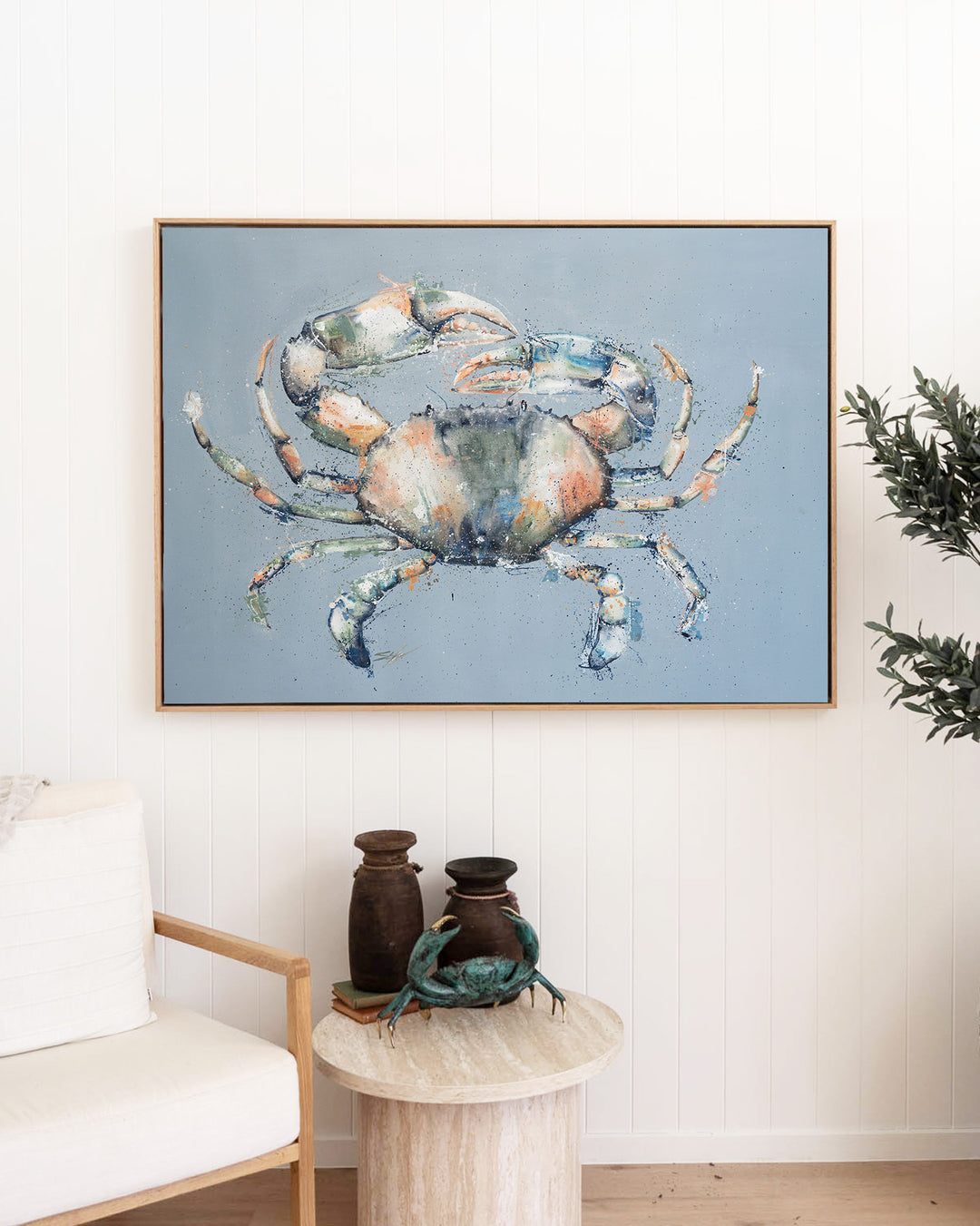 Muddy Days – mud crab, framed canvas in oak float frame, styled in a living room