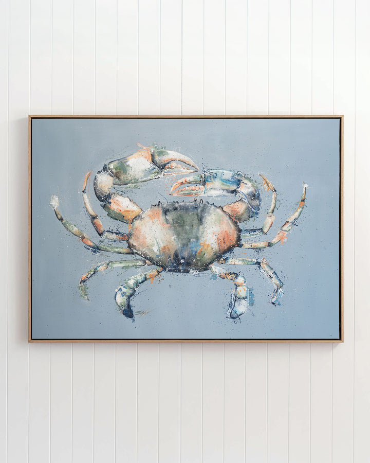 Muddy Days – mud crab, framed canvas in oak float frame