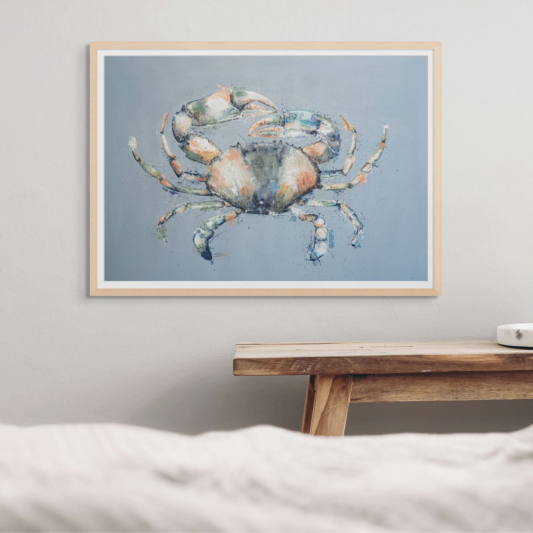 Muddy Days by Stephanie Elizabeth – framed paper print of mud crab on a blue background, fine art coastal marine print