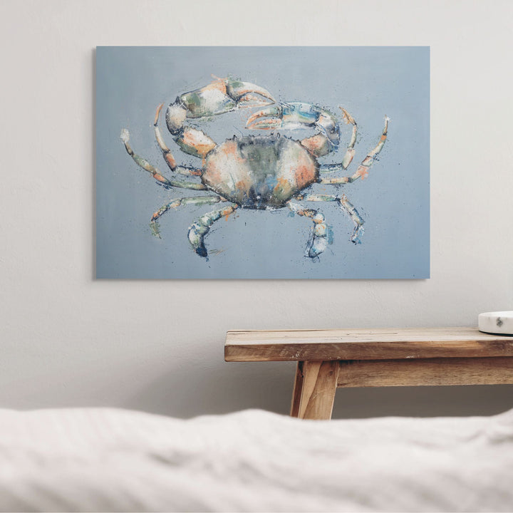 Muddy Days by Stephanie Elizabeth – stretched canvas print of mud crab against blue, fine art marine life artwork