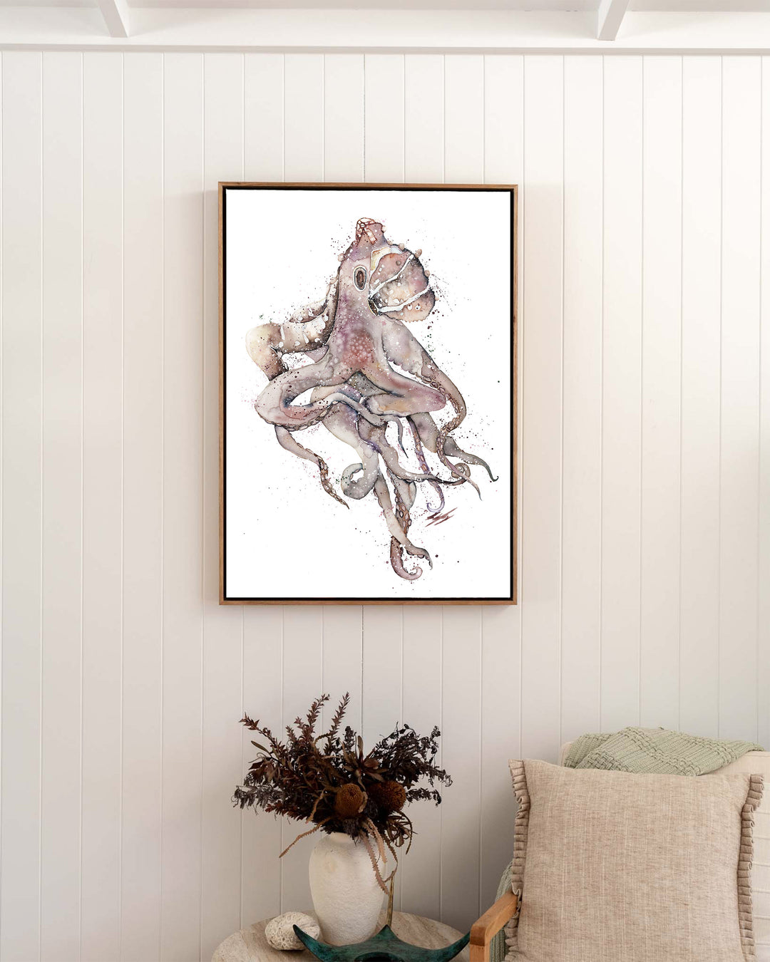 My Octopus Teacher – octopus, framed canvas in oak float frame, styled in a bedroom