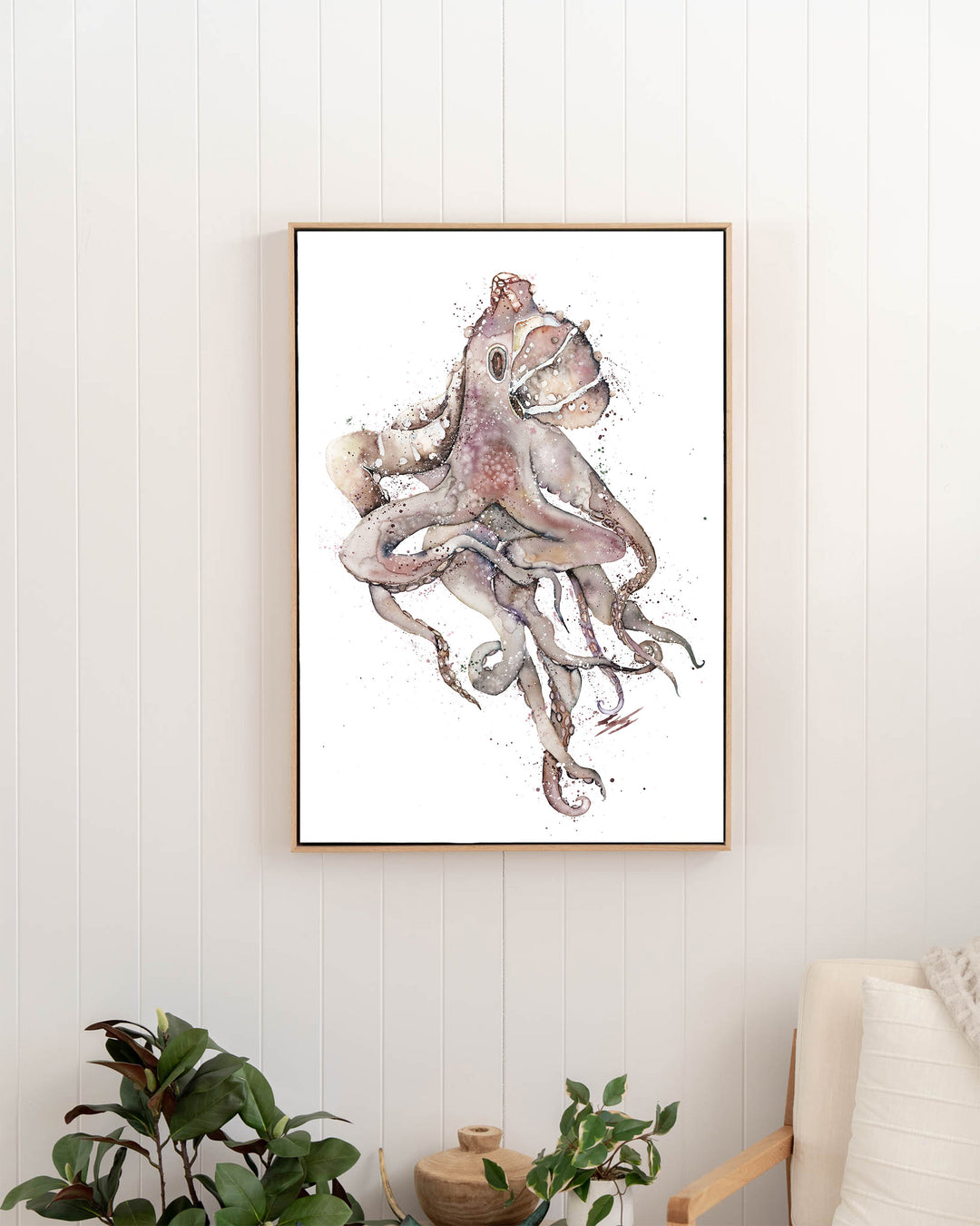 My Octopus Teacher – octopus, framed canvas in oak float frame, styled in a hallway