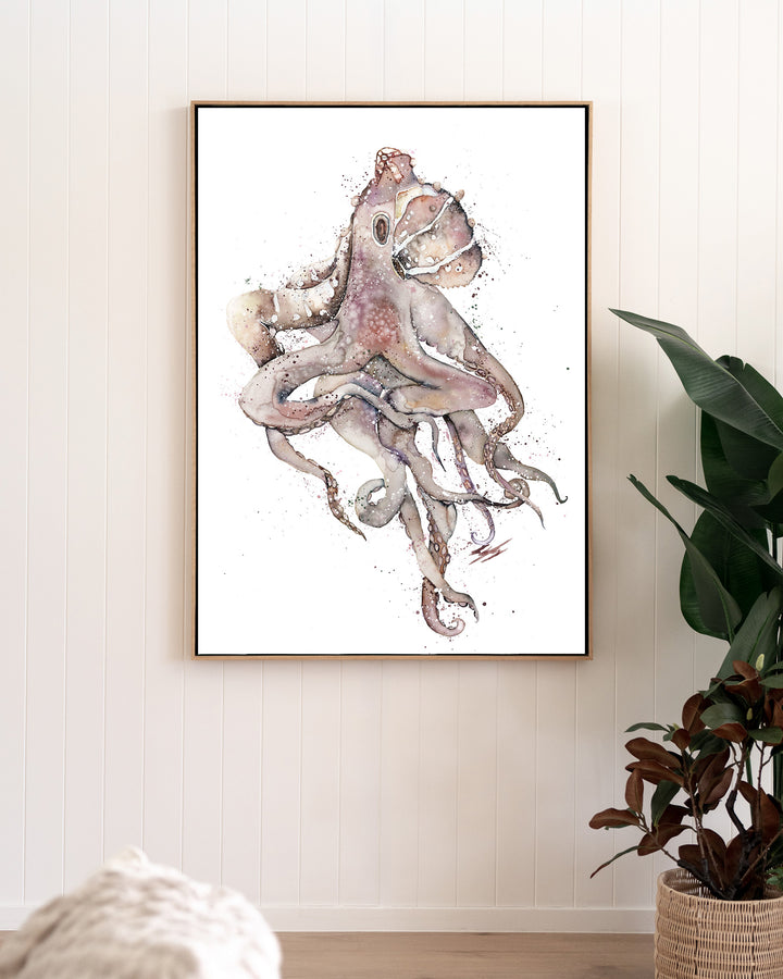 My Octopus Teacher – octopus, framed canvas in oak float frame, styled in a living room