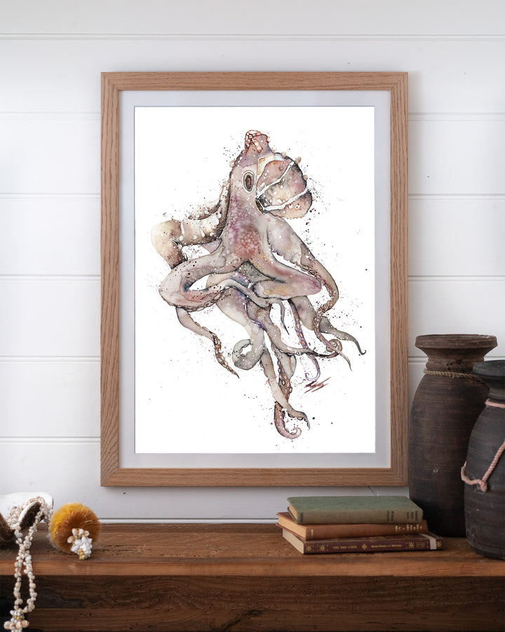 My Octopus Teacher – octopus, framed paper print in oak frame, styled on a timber shelf