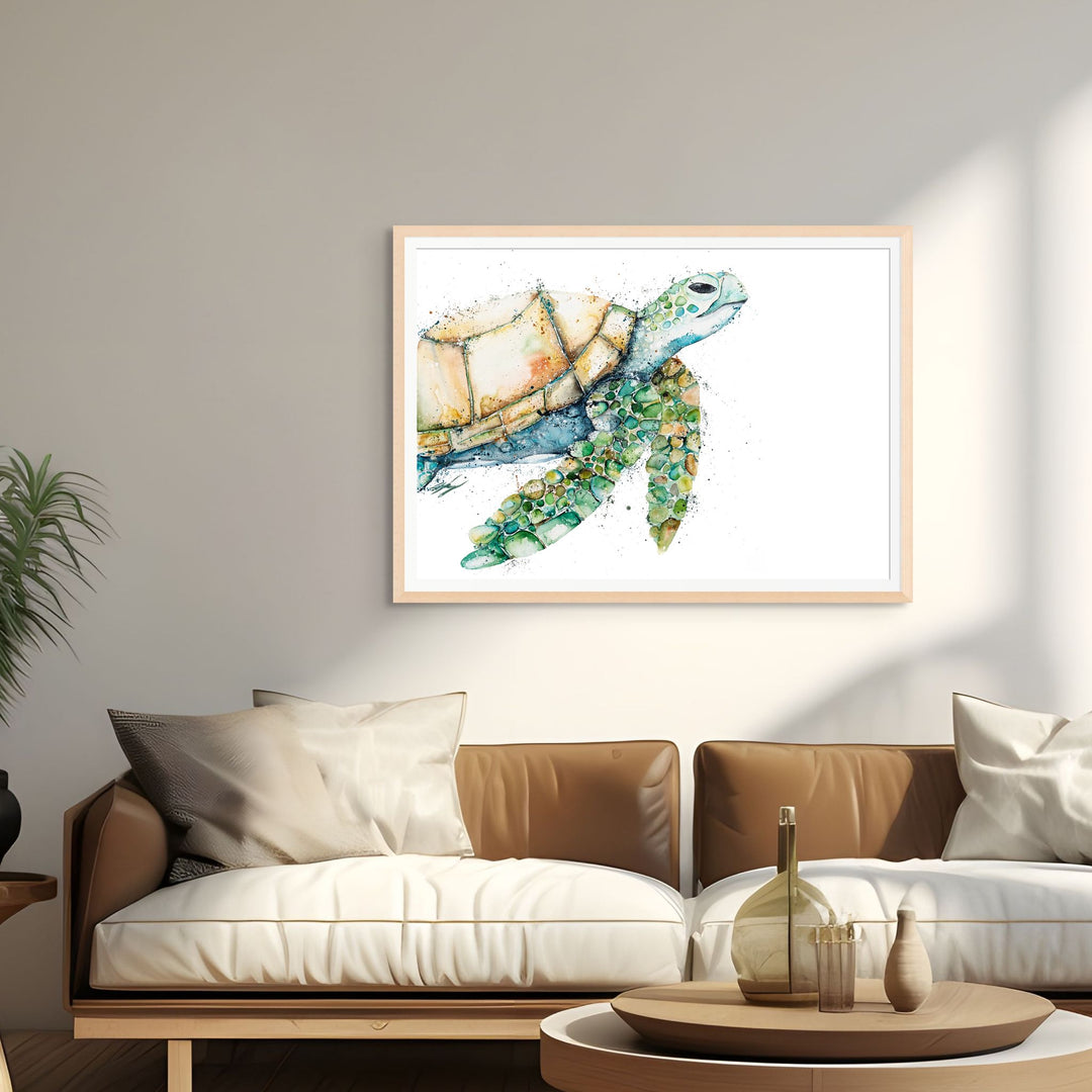My Own Way by Stephanie Elizabeth – framed paper print of three-quarter green and yellow turtle, Australian fine art marine print