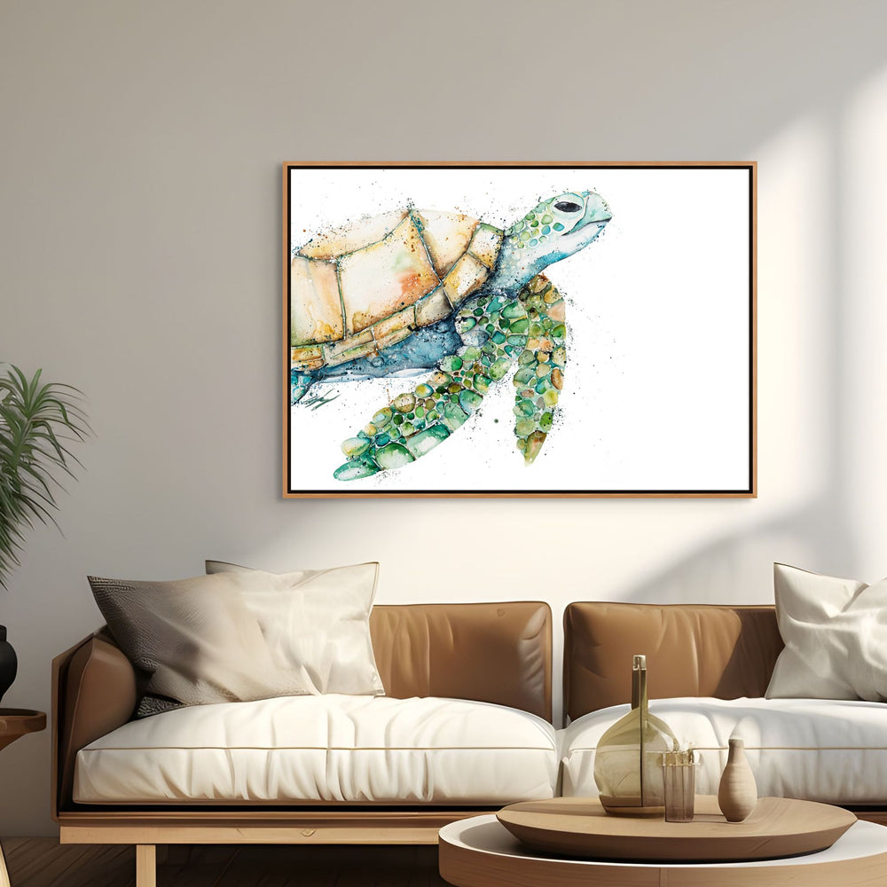 My Own Way by Stephanie Elizabeth – shadow box canvas print of green and yellow turtle, fine art marine artwork