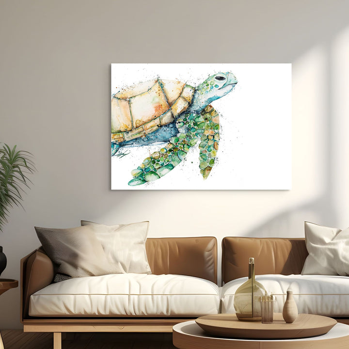 My Own Way by Stephanie Elizabeth – stretched canvas print of three-quarter green and yellow turtle, limited edition fine art print