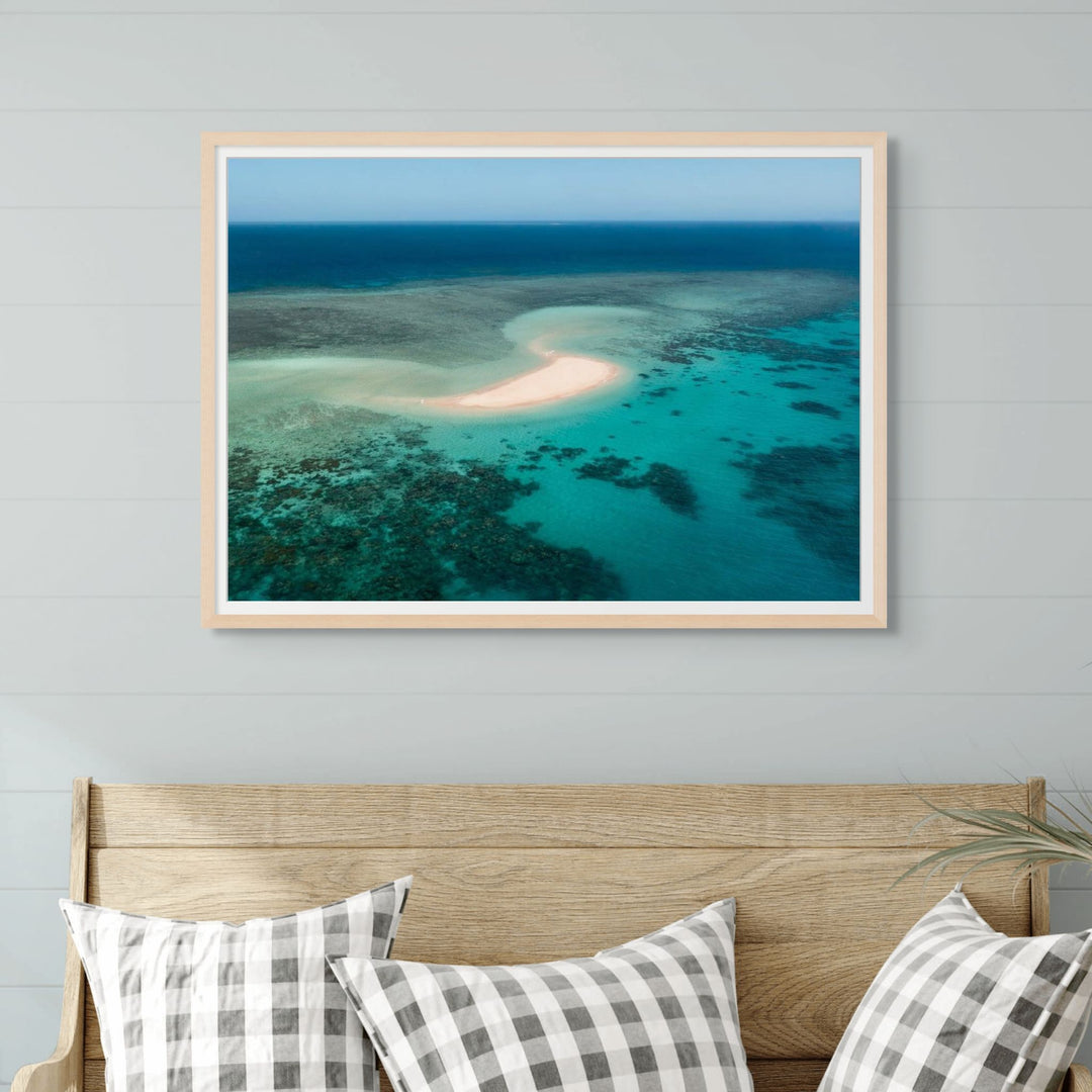 Nothing But Blue Skies – Aerial photograph of Mackay Cay with pristine sand, turquoise waters, and coral patterns | Framed Paper Print