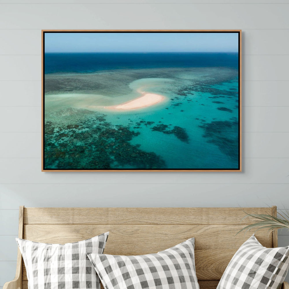 Nothing But Blue Skies – Aerial photograph of Mackay Cay with pristine sand, turquoise waters, and coral patterns | Shadow Box Canvas Print