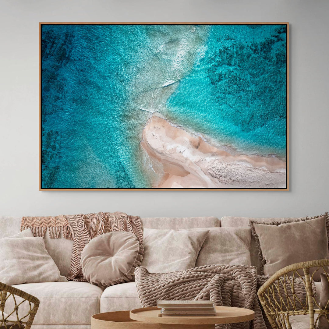 Nothing but Footprints – Aerial view of ocean with sandy beach and footprints in the sand | Shadow Box Canvas Print