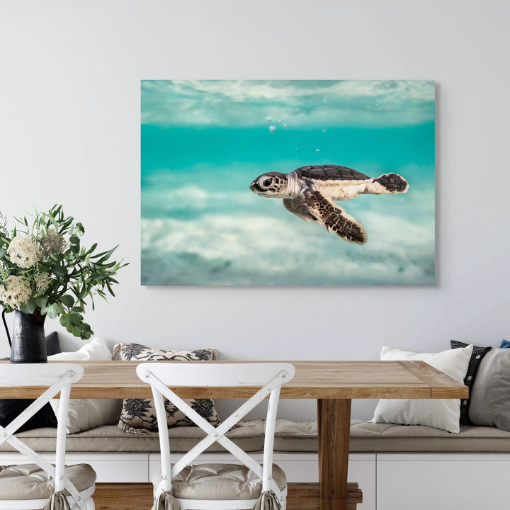 Ocean Lullaby – close-up underwater photograph of turtle hatchling surrounded by bubbles and textured moving water | Stretched Canvas Print
