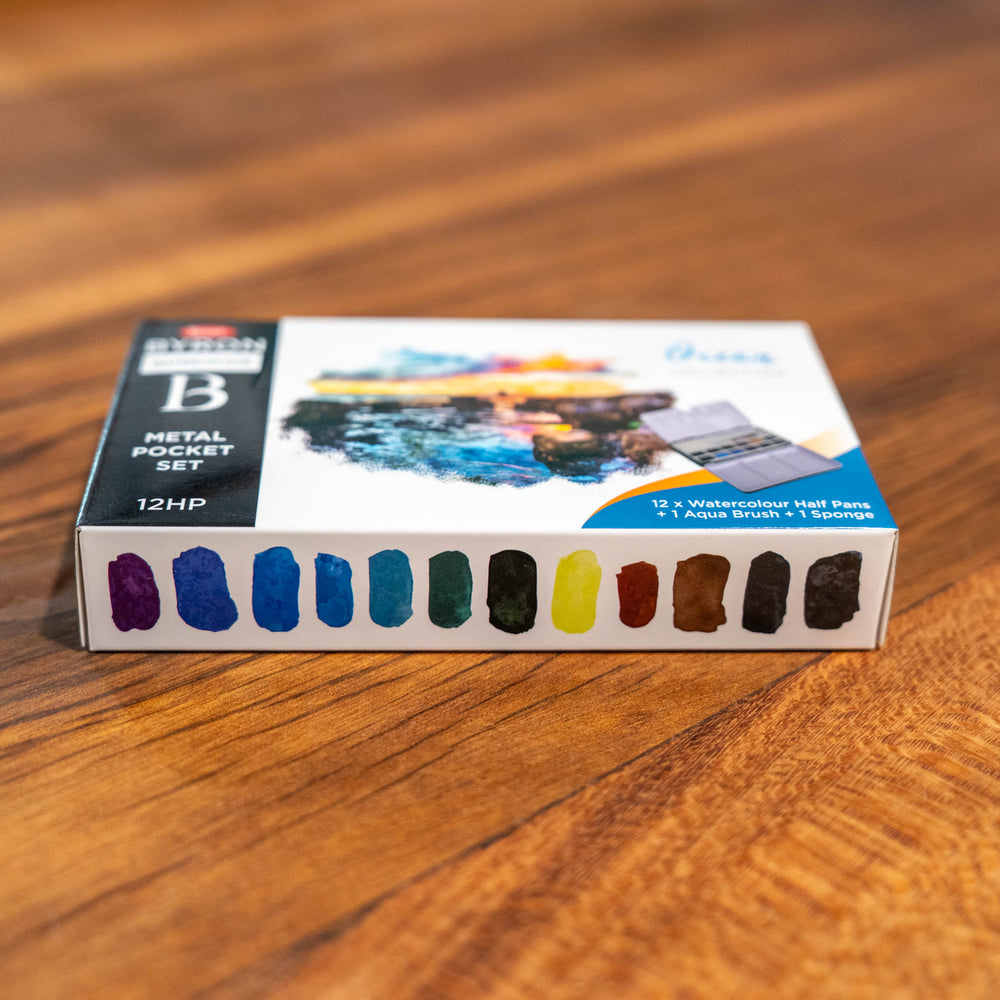 SEA Gallery Ocean Watercolour Pocket Set with 12 blue and teal paint pans in a small, portable palette.