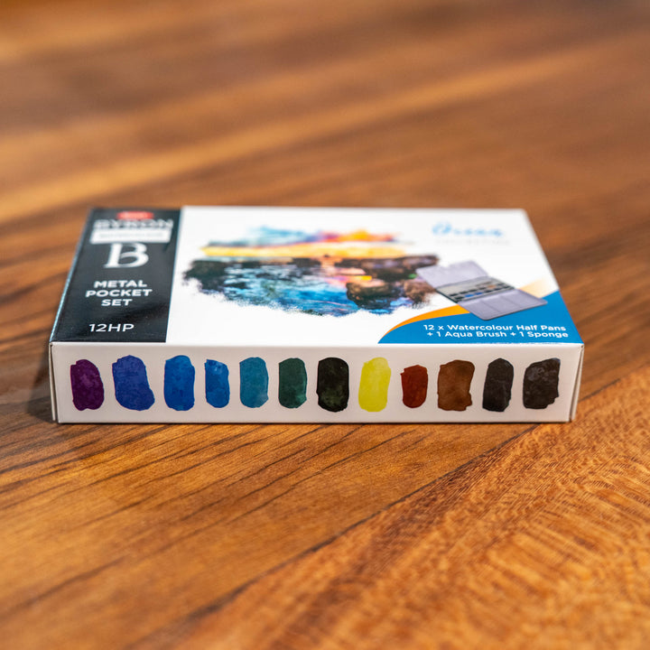 SEA Gallery Ocean Watercolour Pocket Set with 12 blue and teal paint pans in a small, portable palette.