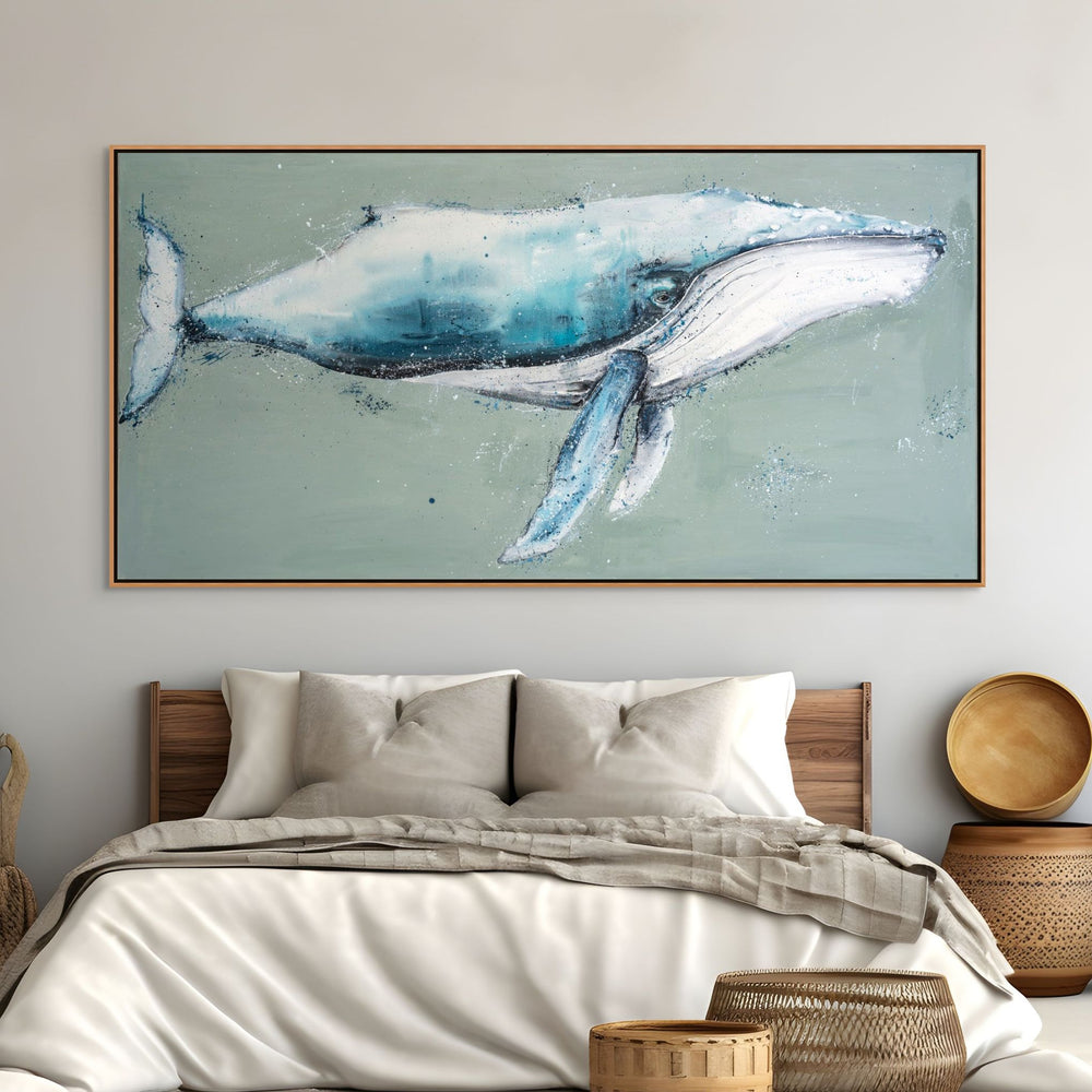 One Foot Below Sea Level – Original acrylic painting on canvas of a humpback whale floating beneath the surface with a green-toned water background and light reflections | Framed Canvas Original up close