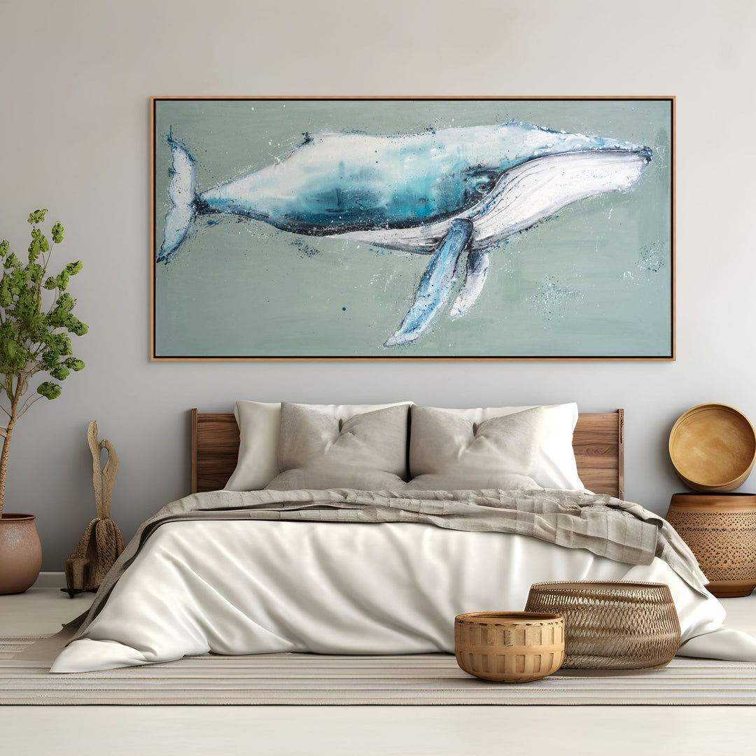One Foot Below Sea Level – Original acrylic painting on canvas of a humpback whale floating beneath the surface with a green-toned water background and light reflections | Framed Canvas Original