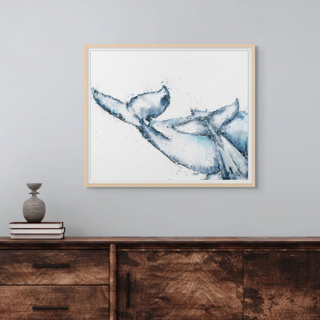 One Tale, Two Tails by Stephanie Elizabeth – framed paper print of two humpback whales diving, ocean-inspired fine art marine print
