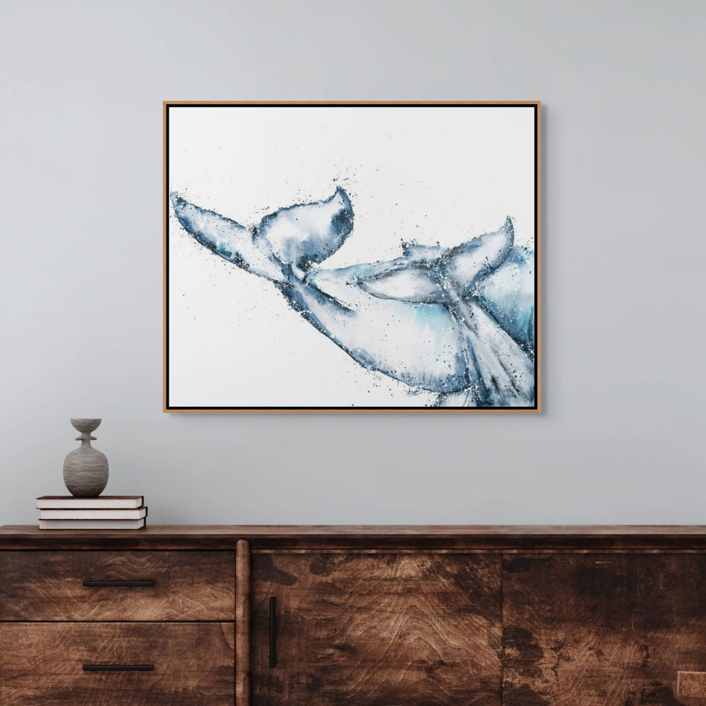 One Tale, Two Tails by Stephanie Elizabeth – shadow box canvas print of whale tails above the water, fine art marine life artwork