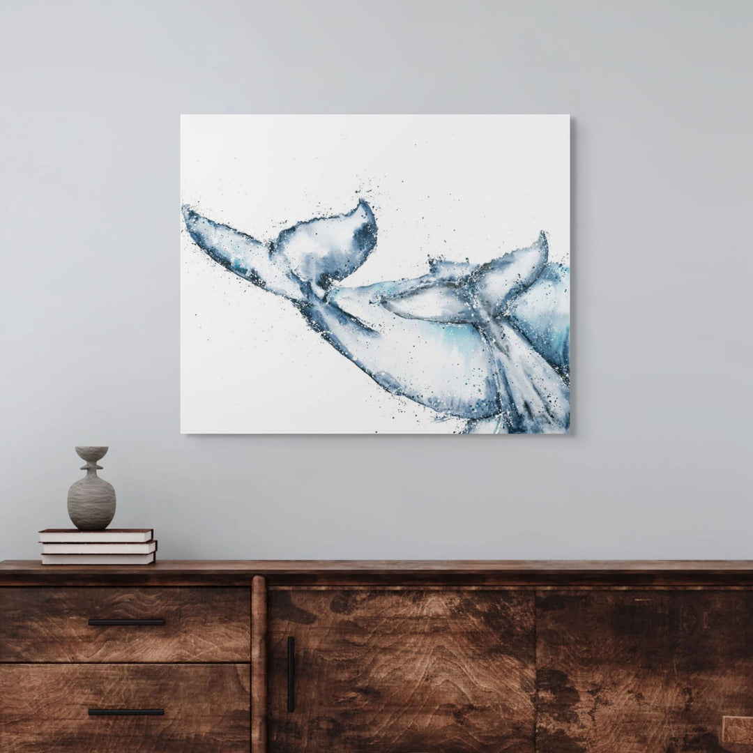 One Tale, Two Tails by Stephanie Elizabeth – stretched canvas print featuring two humpback whale tails, coastal fine art print