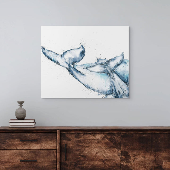 One Tale, Two Tails by Stephanie Elizabeth – stretched canvas print featuring two humpback whale tails, coastal fine art print