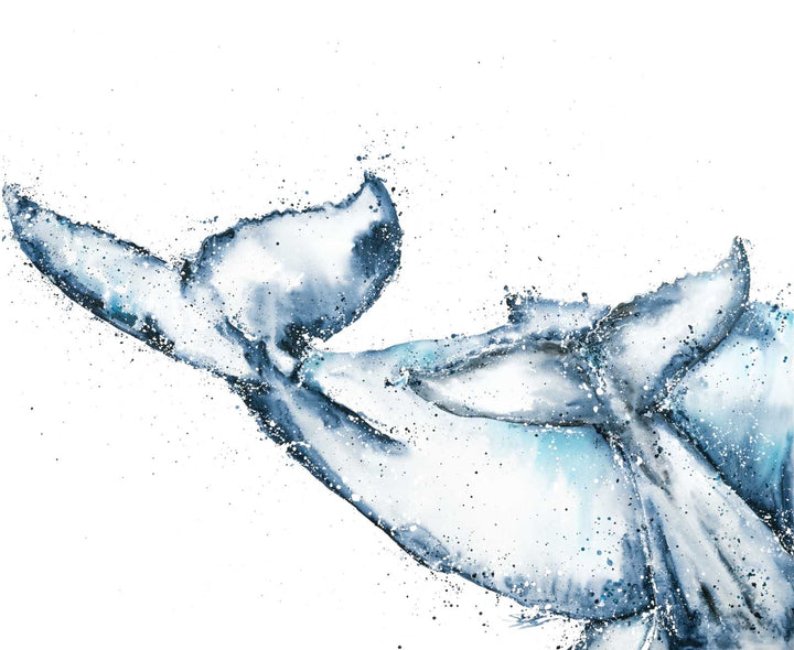 One Tale, Two Tails by Stephanie Elizabeth – unframed rolled paper print of humpback whale pair diving, ocean fine art print