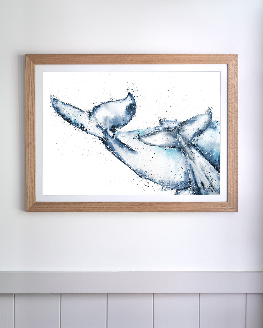 One Tale, Two Tails – whale tails, framed paper print in oak frame