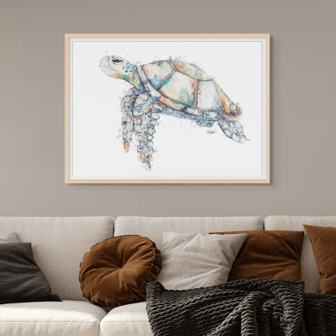 Patchwork by Stephanie Elizabeth – framed paper print of sea turtle with patterned shell, fine art marine life print
