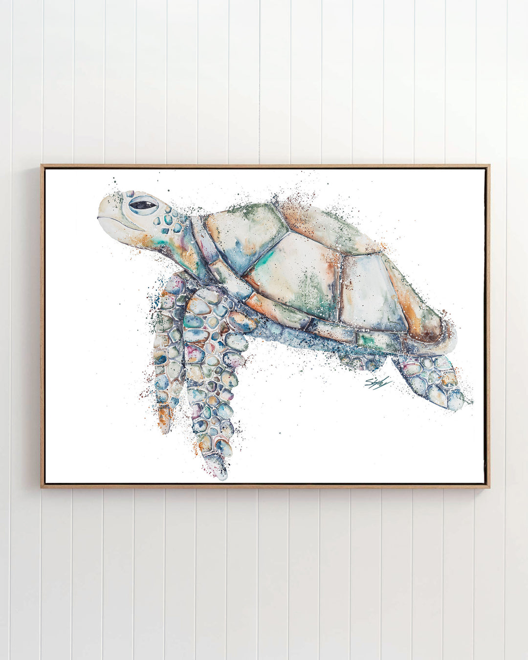 Patchwork – sea turtle, framed canvas in oak float frame